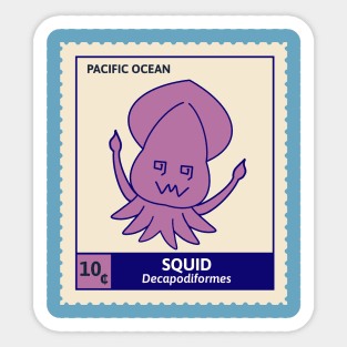 Kawaii Cute Silly Purple Squid, Ocean Stamp Collection, Stamp Collector Sticker